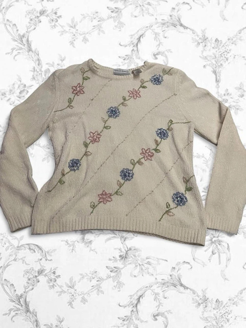 Alfred Dunner Floral Embroidered Crew Neck Sweater in Beige Size: S